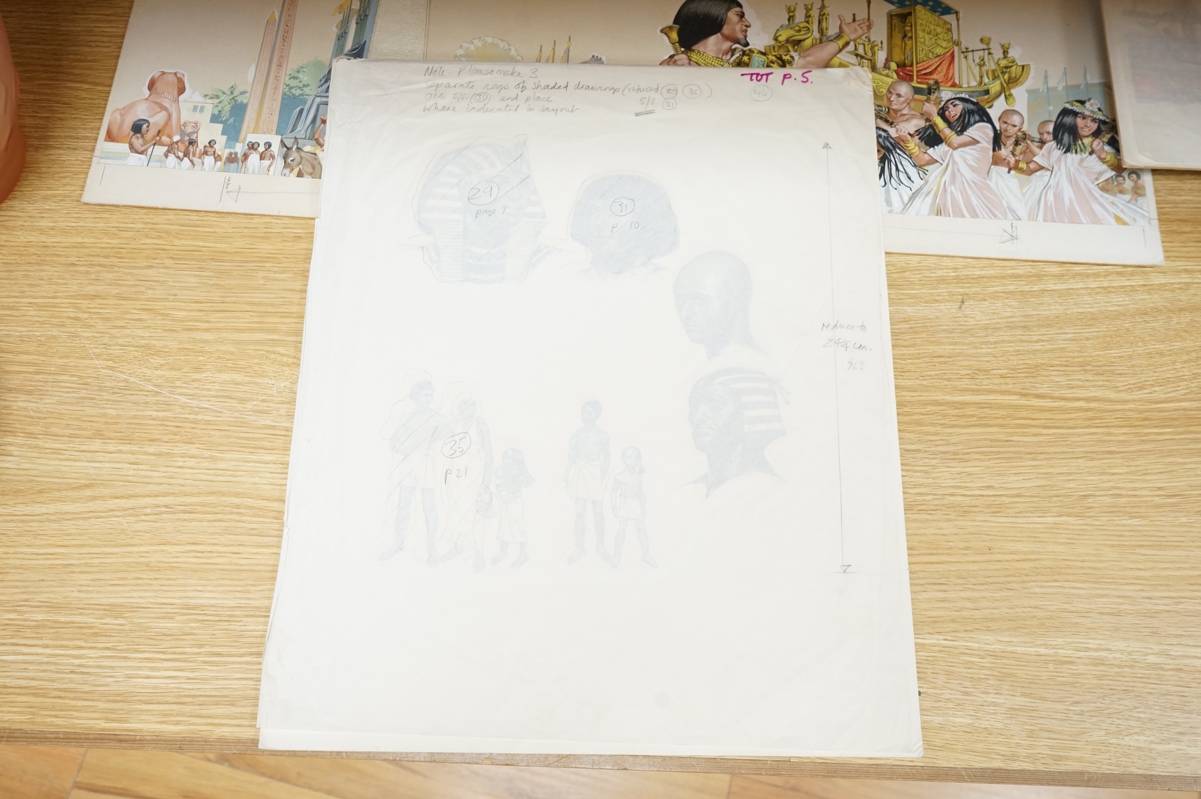 Angus McBride (1931-2007), five illustrations from 'One day in Tutankhamun's Egypt' to include Processions, Pyramid building and Studies of Pharoahs, watercolour and gouaches, largest 38 x 80cm, unframed, together with t